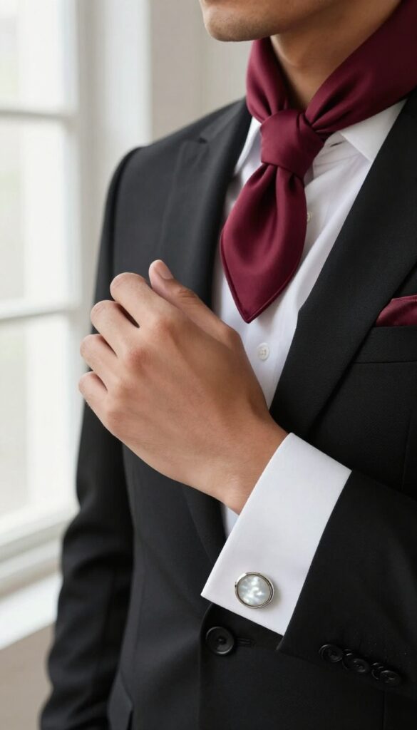 Elegant man in black suit with burgundy silk scarf and silver cufflinks, white shirt, pocket square, natural light, minimal background