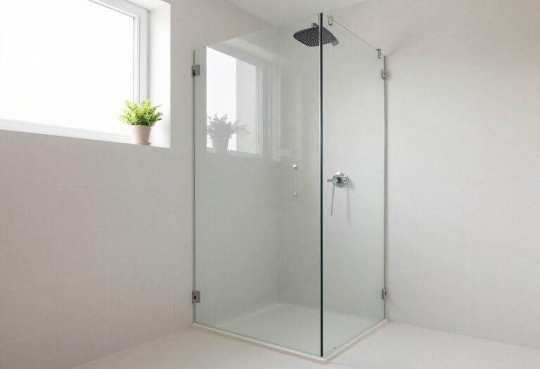 Bright modern bathroom shower with large white tiles from floor to ceiling and dark grout lines, glass panel, and natural light