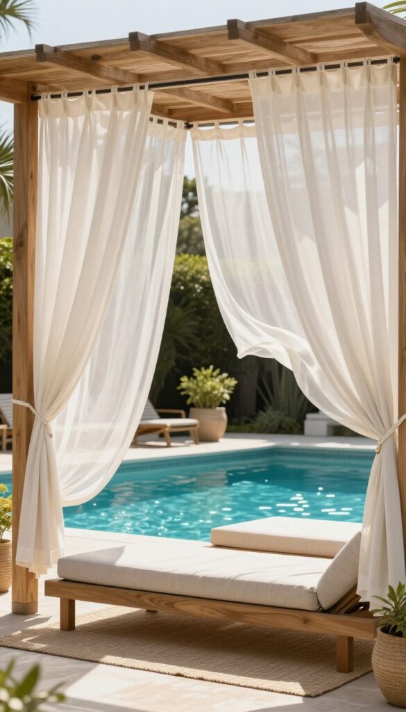 Light neutral outdoor curtains tied back around a wooden pergola on a sunny pool deck, creating soft privacy and an airy relaxed backyard space