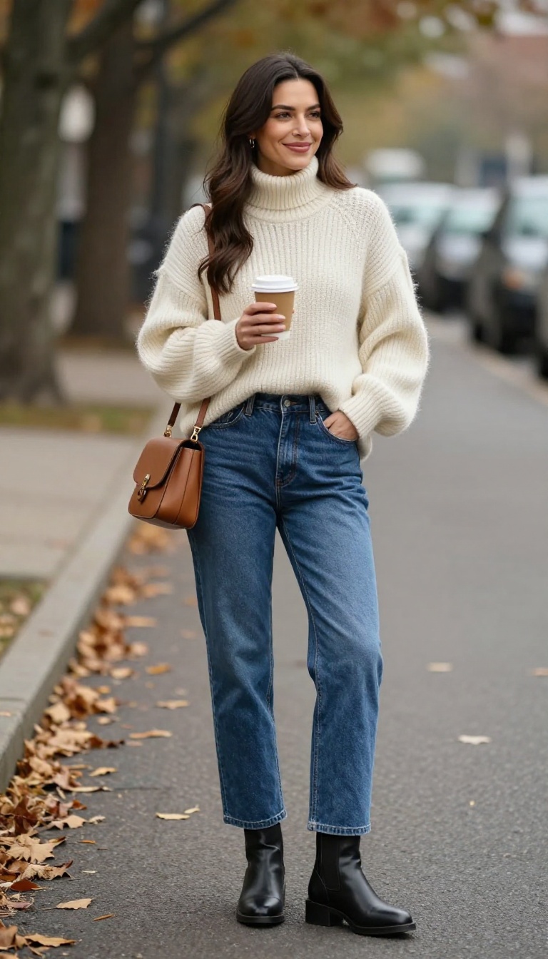 1. Classic Straight-Leg Jeans with a Chunky Knit and Ankle Boots