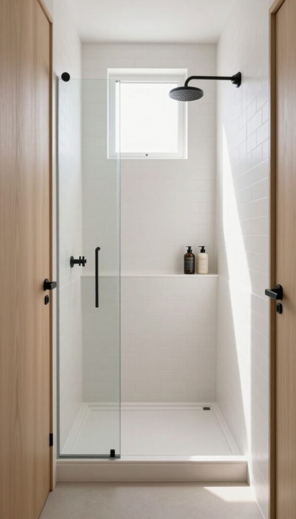 Small bright bathroom walk-in shower with a built-in tiled wall niche holding neatly arranged bottles, no shower caddy, clean uncluttered shower floor.