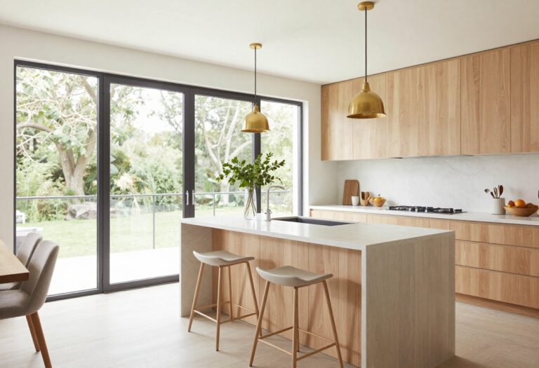 Bright modern kitchen with a large island featuring a waterfall quartz countertop and warm natural light