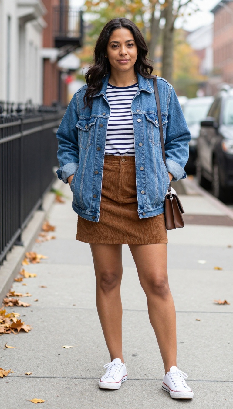 2. Denim Jacket Over a Corduroy Skirt