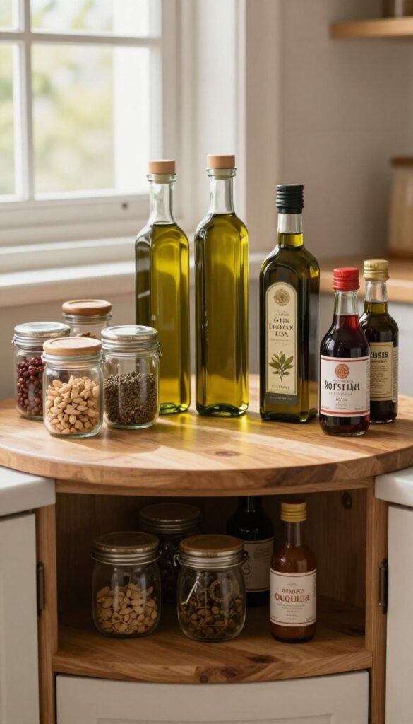 Bright open corner kitchen cabinet with a wooden lazy Susan turntable holding neatly arranged oil bottles, spice jars, and sauces in natural daylight