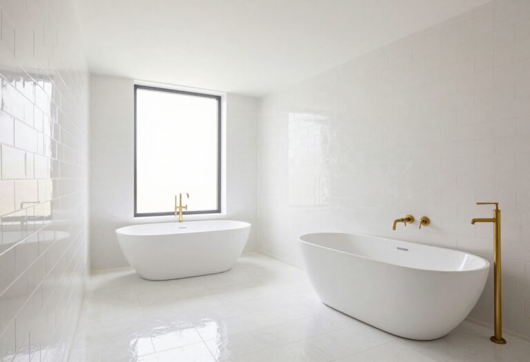 Bright modern bathroom with glossy white subway tiles stacked vertically from floor to ceiling, creating a tall, luxurious look with brass fixtures and natural light.