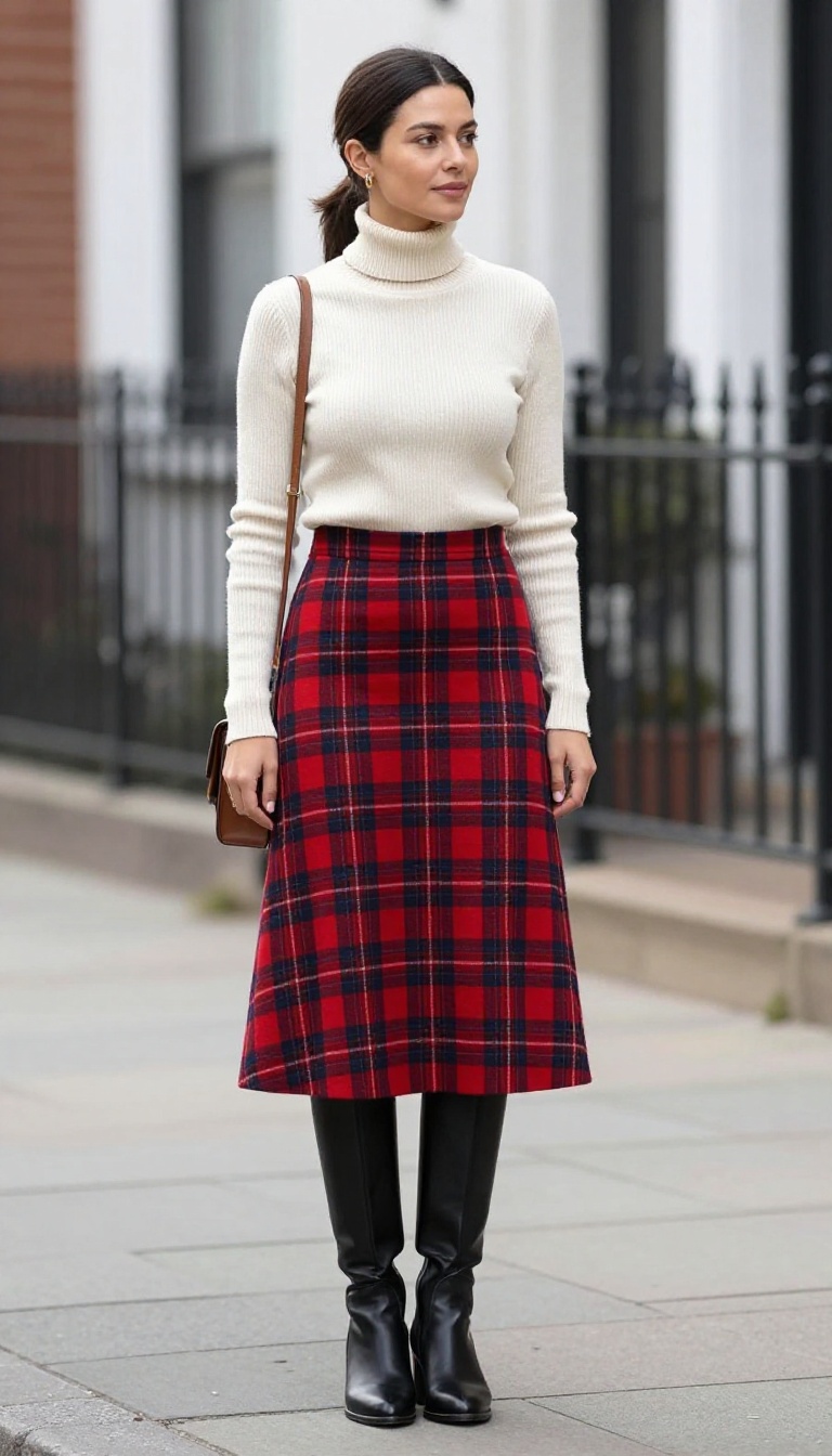 11. Plaid Midi Skirt with a Turtleneck and Tall Boots
