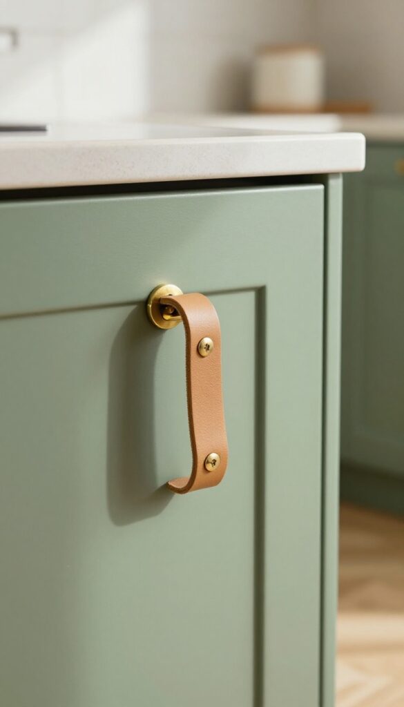 Tan leather strap handle mounted with brass hardware on a sage-green modern kitchen cabinet in bright natural light