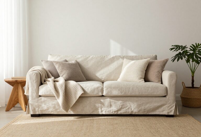 Bright neutral living room with a relaxed boxy sofa layered in linen, knit, and jute textures