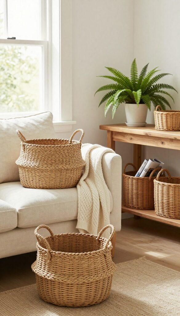 Cozy cottage living room with woven seagrass and wicker baskets used as decorative storage beside a linen sofa and under a wooden console table in bright natural light