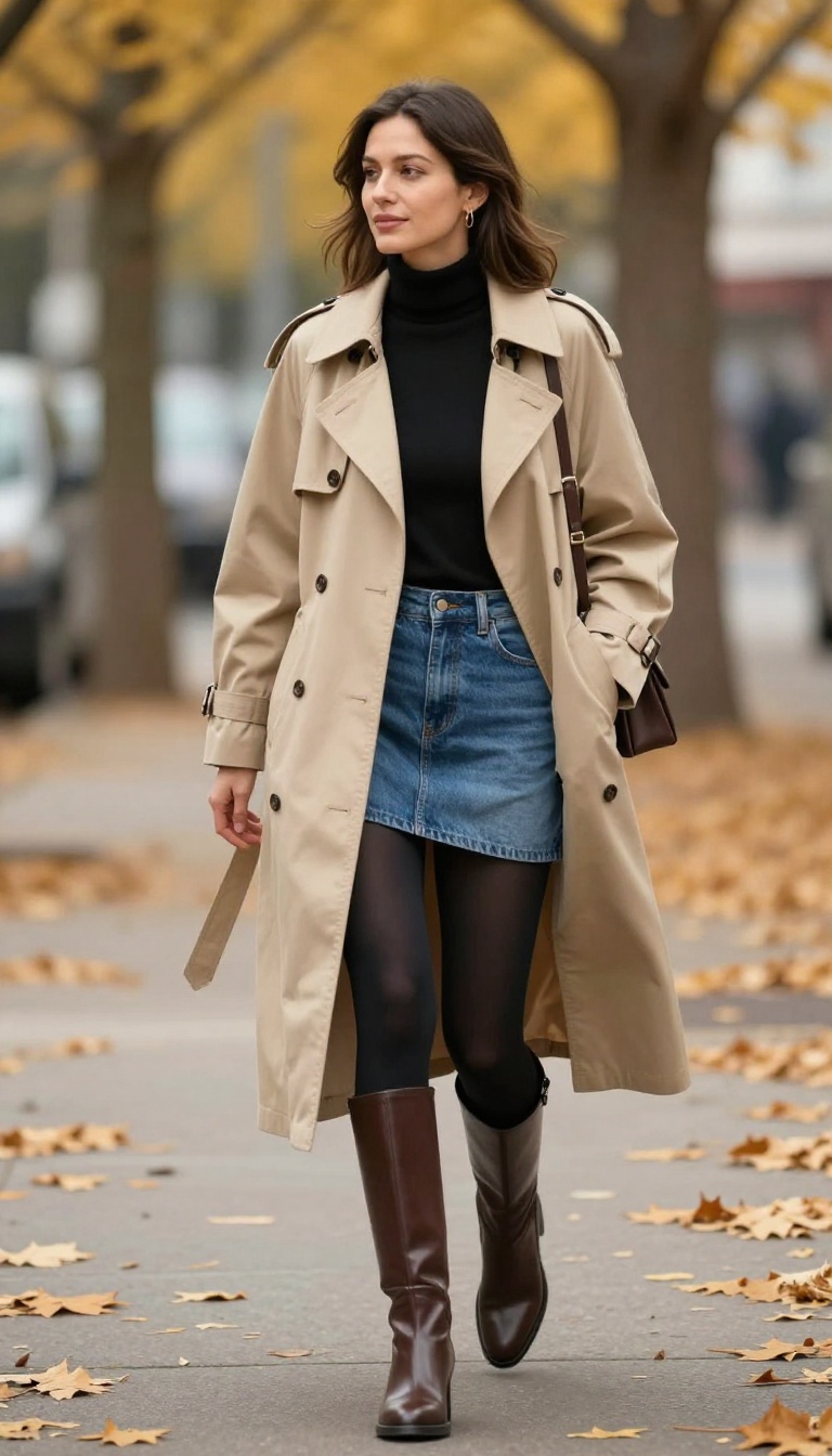 3. Trench Coat and Knee-High Boots