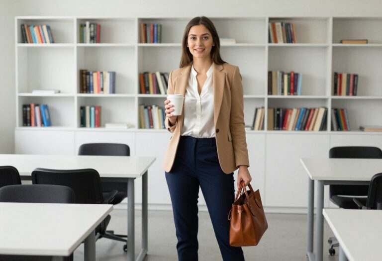 Teacher wearing a camel blazer and navy trousers in a classroom