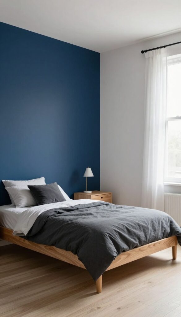 Boys bedroom with a deep navy blue accent wall behind the bed, neutral surrounding walls, gray bedding, and bright natural light from a nearby window.