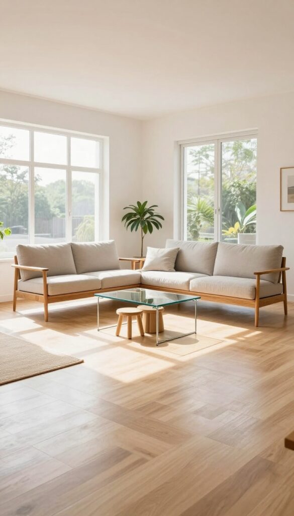 Bright rectangular living room with a slim mid-century sofa on exposed legs, a glass open-frame coffee table, and nesting stools tucked underneath, creating an open and airy feel.