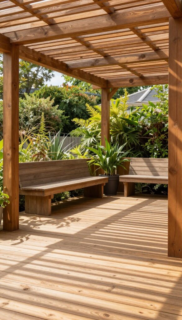 Wooden deck with a cedar pergola featuring adjustable shade panels that cast striped shadows over neutral outdoor furniture in bright natural light.