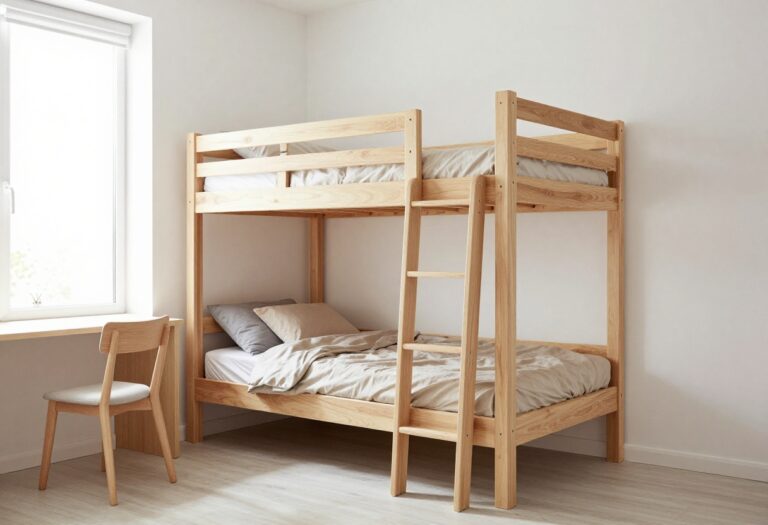 Bright small bedroom with a built-in wooden bunk bed recessed into a white wall, neutral bedding, a slim ladder, and a compact desk beneath, styled in a clean Scandinavian look