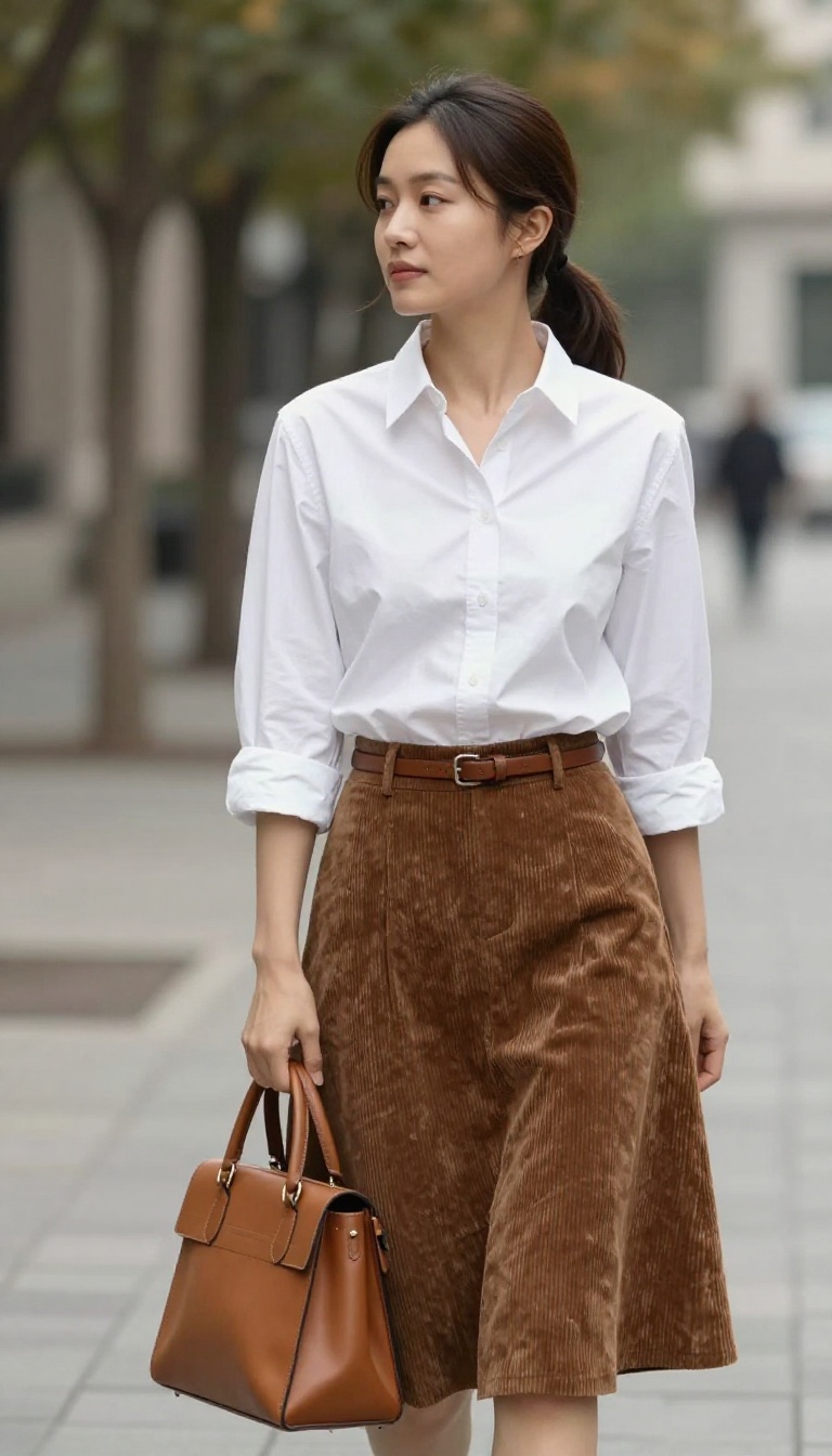 9. Button-Down Shirt and Corduroy Skirt for a Preppy Office Outfit