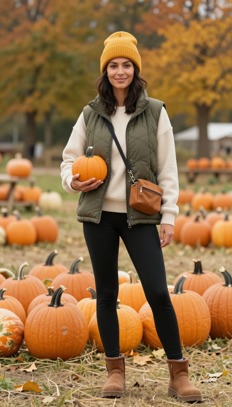15. Puffer Vest + Fleece-Lined Leggings + Beanie