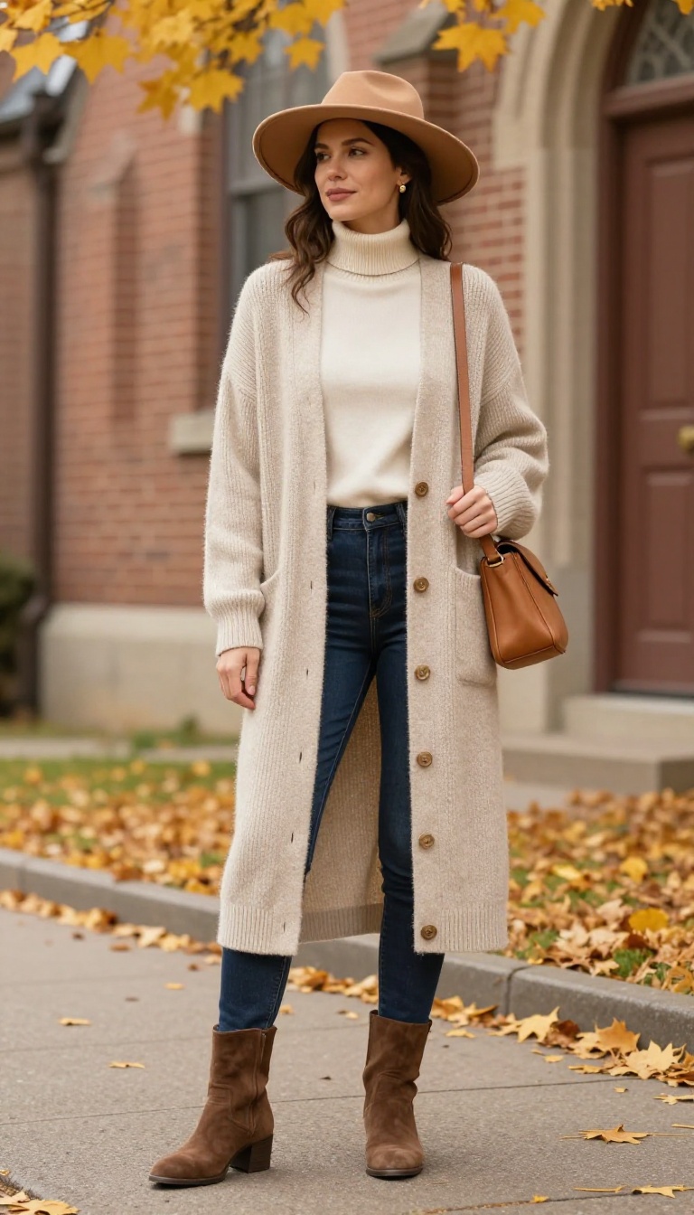 12. Longline Cardigan, Skinny Jeans, and Knee-High Boots