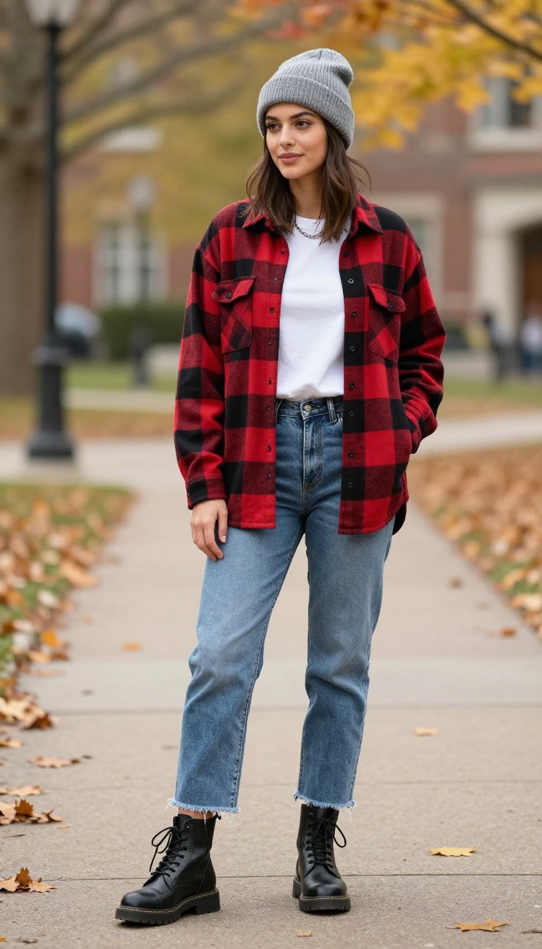 5. Flannel and Frayed Hem Jeans with Combat Boots