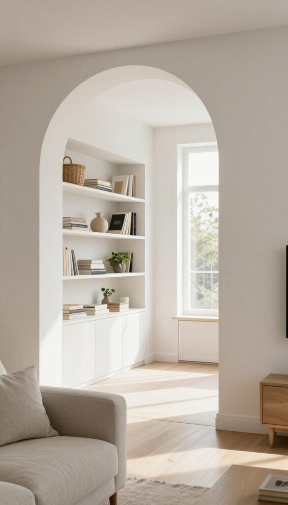 Bright living room with a curved archway and built-in white shelving on one side, styled with books, baskets, and decor in natural light.