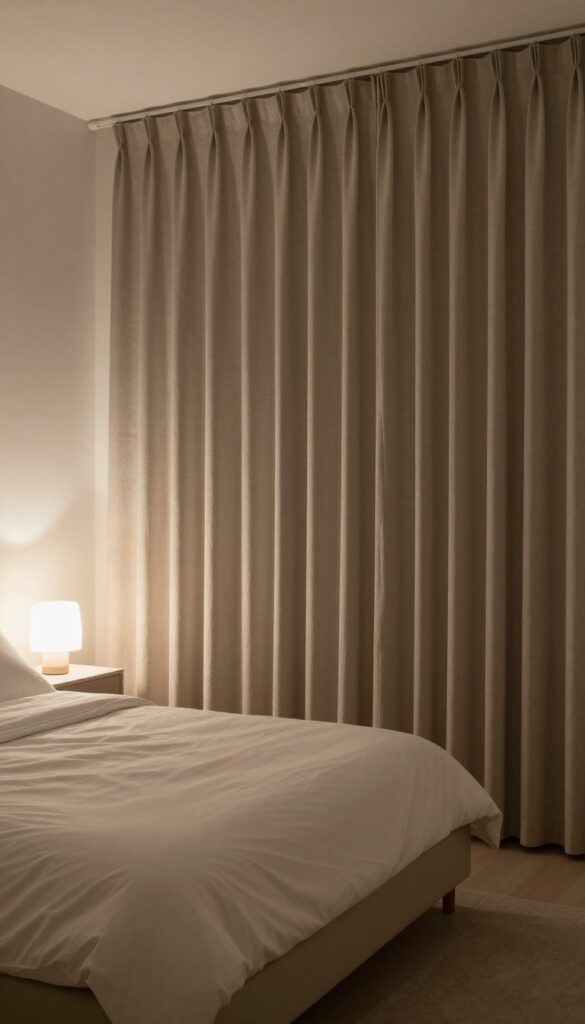 Dimly lit bedroom with floor-to-ceiling neutral linen blackout curtains fully covering a window, a neatly made bed with white bedding, and a warm bedside lamp glow, creating a calm sleep-friendly space.