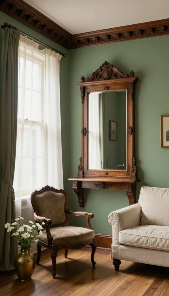 Bright Victorian living room with dark wood crown molding, carved corbels, ornate wooden mirror frame, and a carved armchair against a sage-green wall