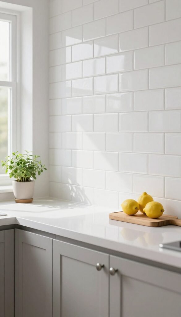 Bright kitchen with glossy white subway tile backsplash in a vertical stacked pattern with gray grout, neutral cabinets, and natural light