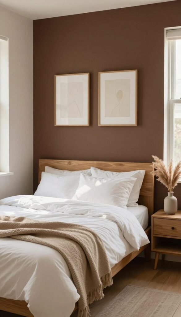 Cozy bedroom with a deep chocolate brown accent wall behind a centered bed with white bedding and light-framed wall art, bright natural light, warm wood nightstand, and cream surrounding walls.