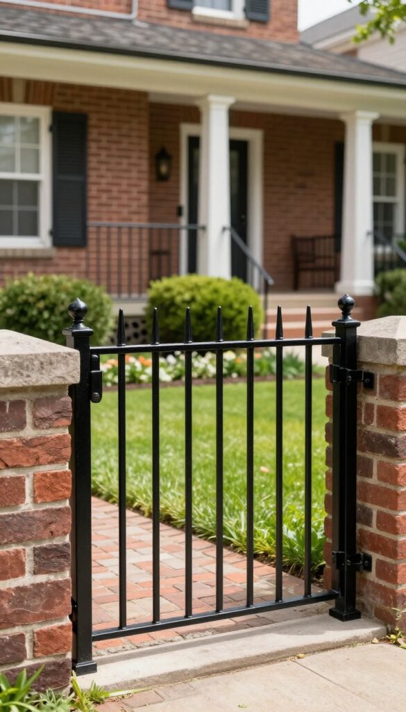 Black wrought iron front yard fence with spear-top finials in front of a brick and stone historic home, bright natural light, open and elegant curb appeal.