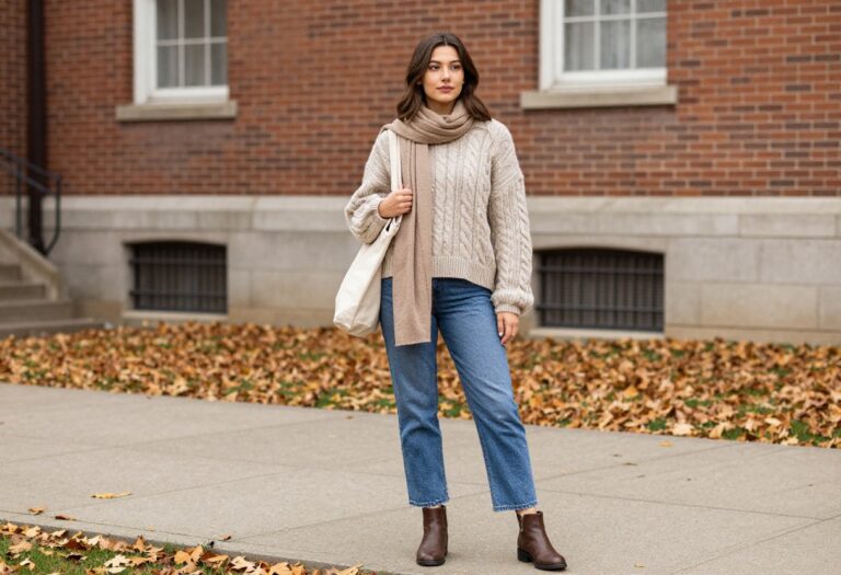 Young woman wearing a cozy cable-knit sweater and straight-leg jeans with ankle boots, standing on a campus path in autumn.
