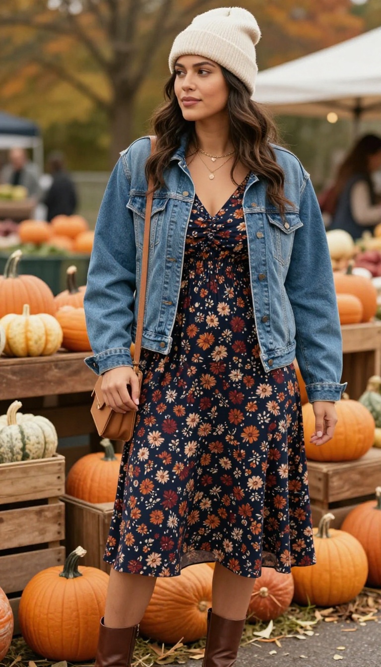 10. Floral Midi Dress with a Denim Jacket