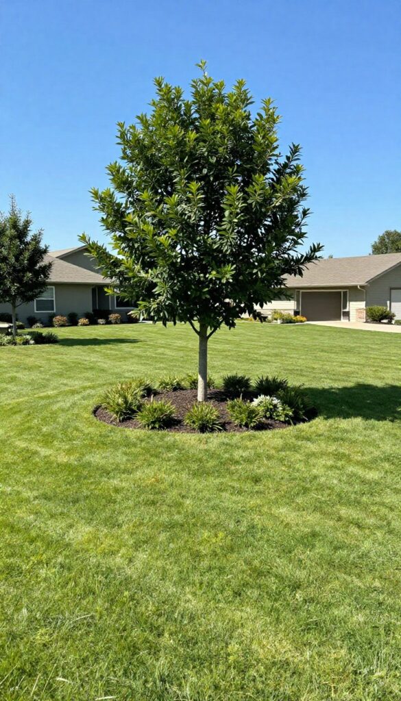 A large open front lawn with a single flowering ornamental tree in a circular mulch bed, serving as a focal point in bright natural light.