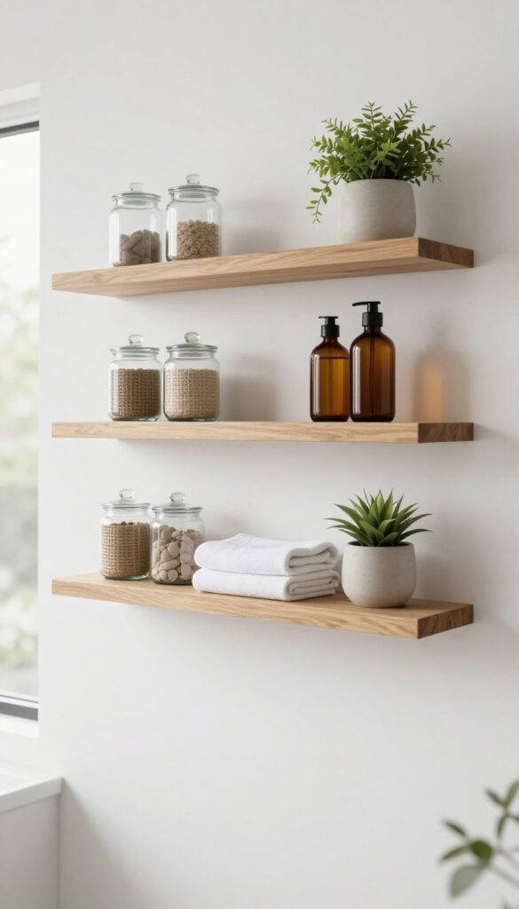 Bright modern bathroom with two floating wooden shelves styled with glass jars, a woven basket, folded white towels, and a small trailing plant, creating a clean designer look.