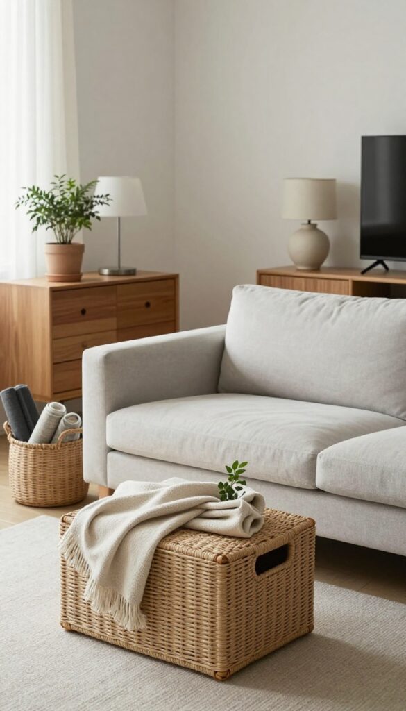 Relaxed living room with a light-gray sofa, woven storage ottoman coffee table, console with drawers behind the sofa, and a basket of blankets, styled with calm neutral decor in bright natural light.