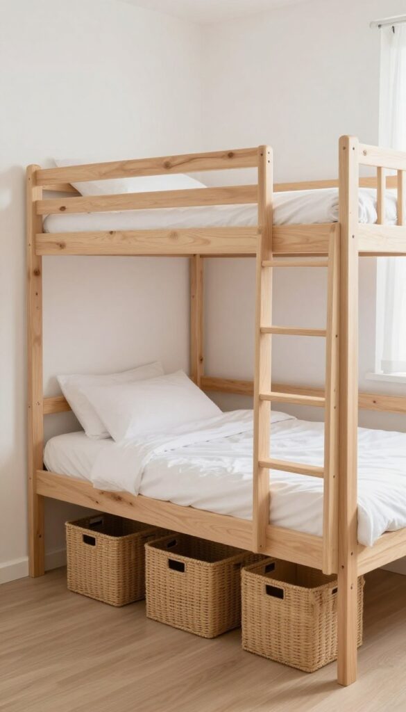Bright small bedroom with an L-shaped corner bunk bed, lower bed along one wall and upper bunk perpendicular above, natural wood and white bedding, slim ladder, and storage baskets underneath.