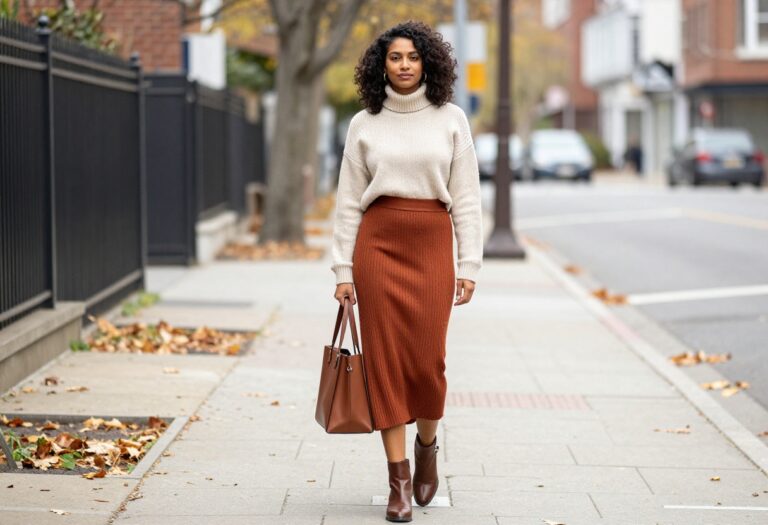 Woman wearing a rust ribbed high waist skirt set with cream turtleneck and brown ankle boots, standing on an autumn street.