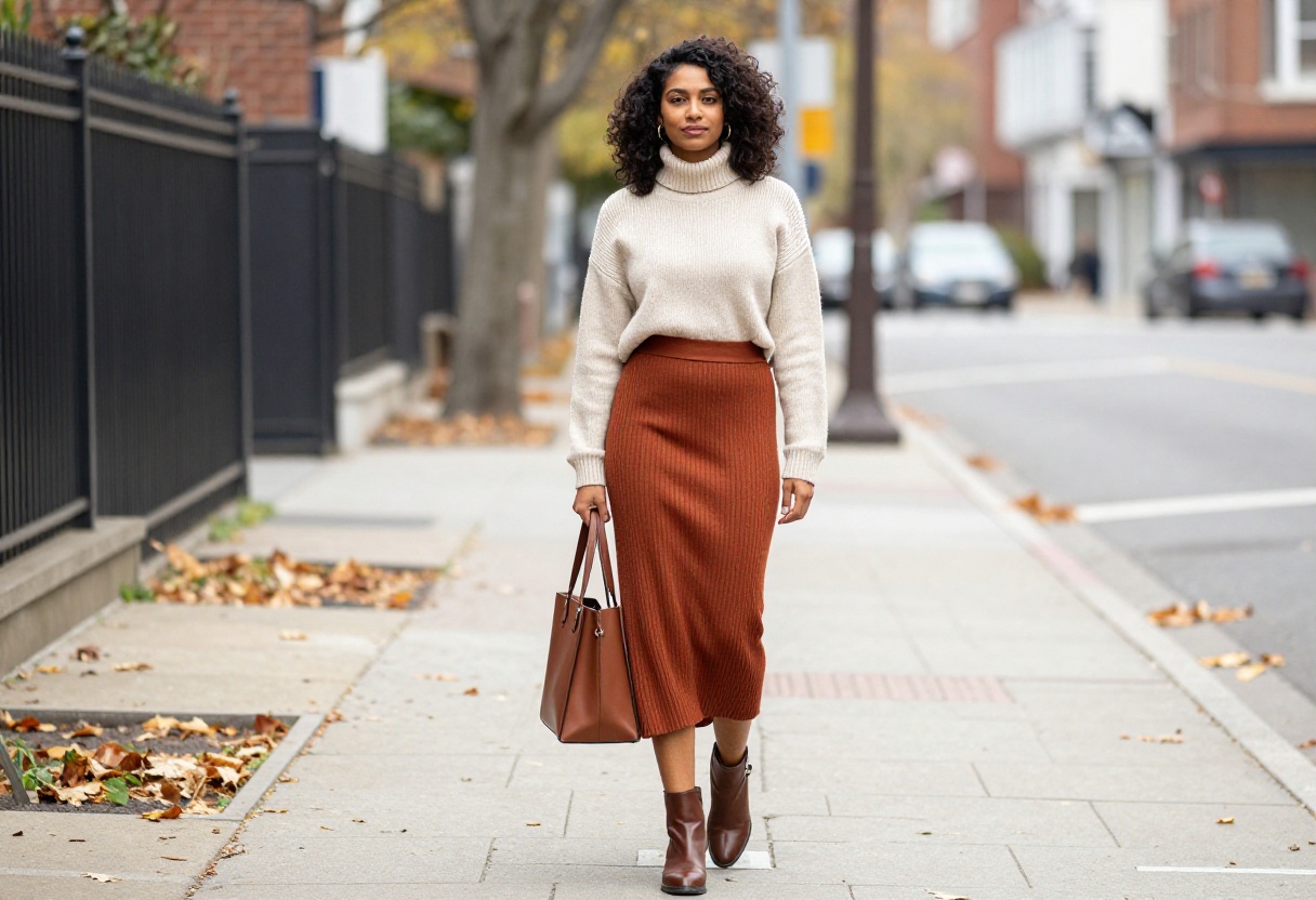 Woman wearing a rust ribbed high waist skirt set with cream turtleneck and brown ankle boots, standing on an autumn street.