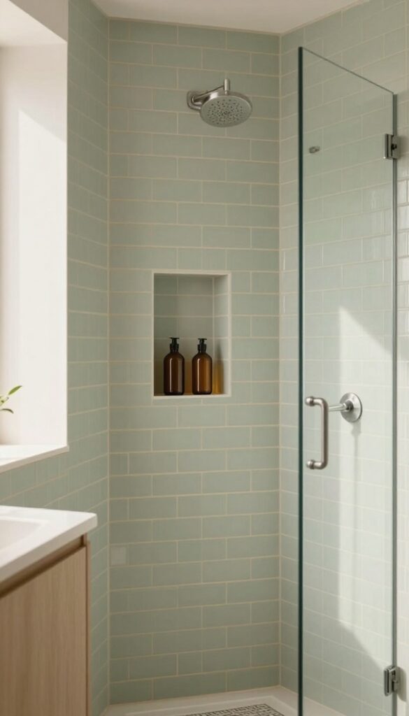 Soft sage green subway tile shower with warm beige grout, brushed nickel fixtures, a tiled niche with amber bottles, and pale oak accents in bright natural light