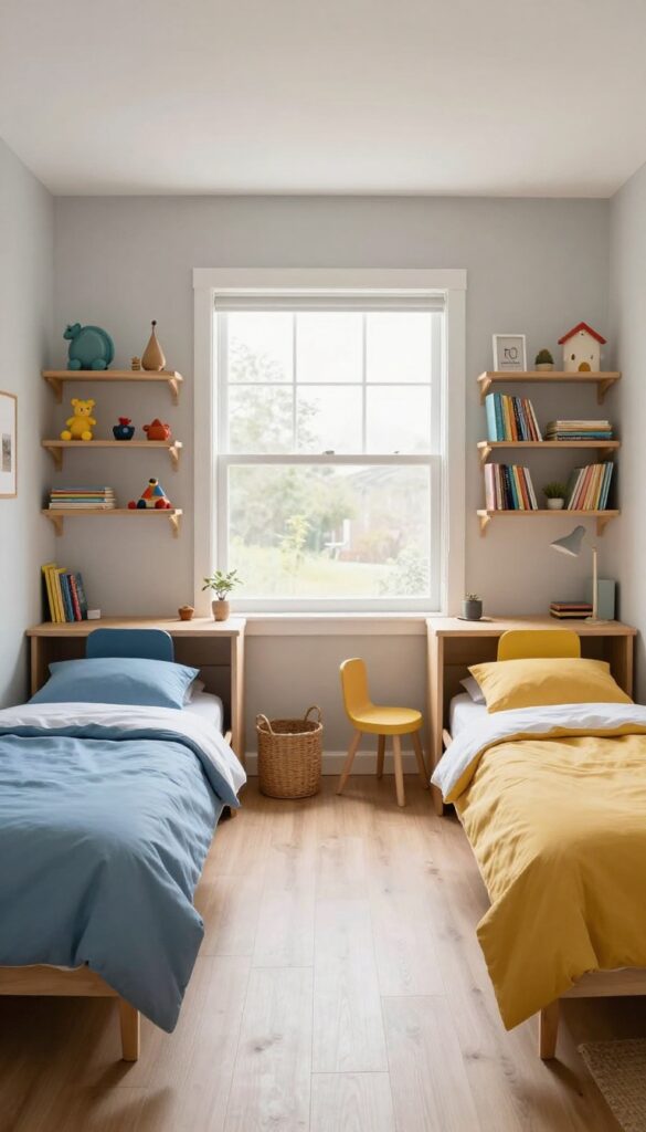 Bright shared boys' bedroom divided into blue and mustard yellow personal zones with matching bedding, desks, and wall shelves under natural light