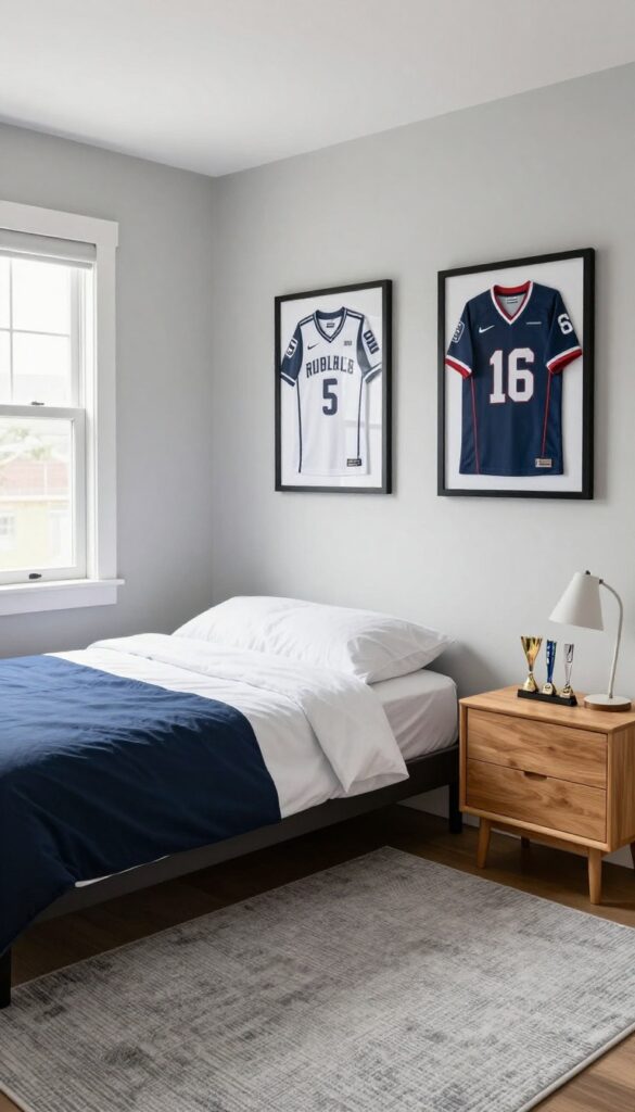 Bright neutral-toned teenage boy's bedroom with framed jerseys in shadow boxes, a shelf of trophies, and a textured rug, styled with a subtle sports theme.