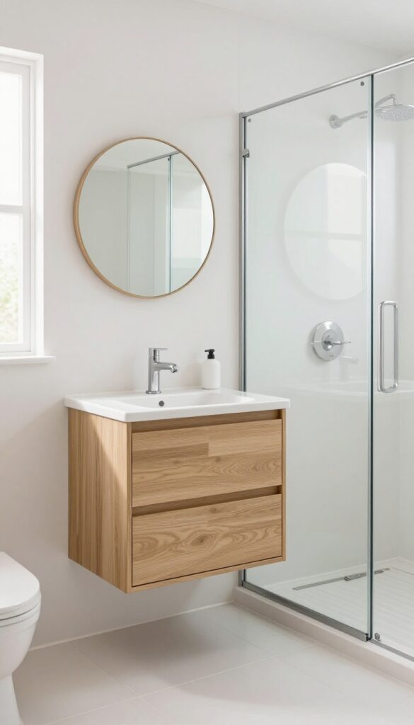 Bright small bathroom with a floating wood vanity, open floor space beneath, and a glass walk-in shower