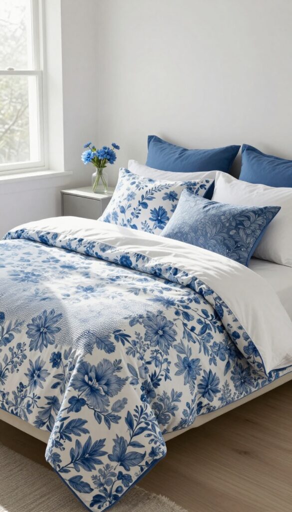 Layered blue floral bedding on a bright bed with neutral sheets, patterned pillows, and a folded textured throw in a calm bedroom.