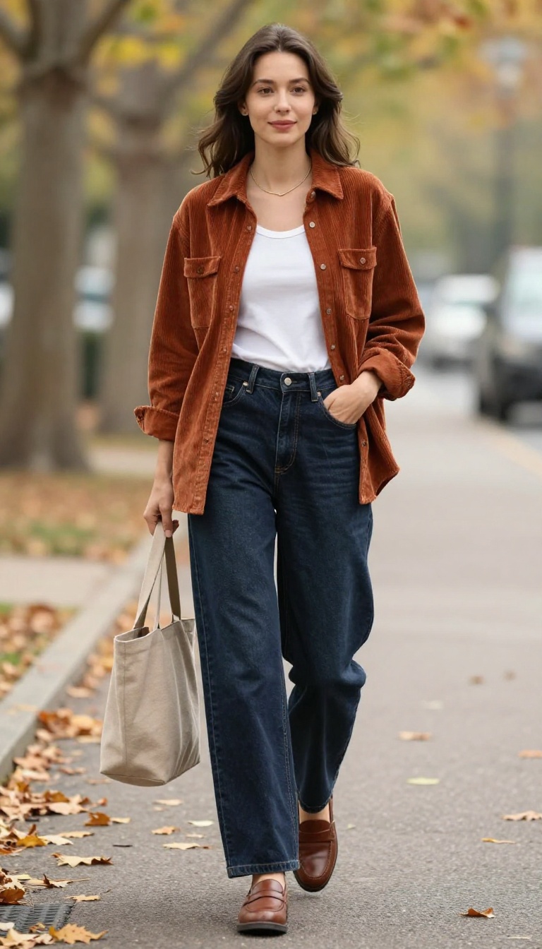 8. Corduroy Shirt and Wide-Leg Jeans with Loafers