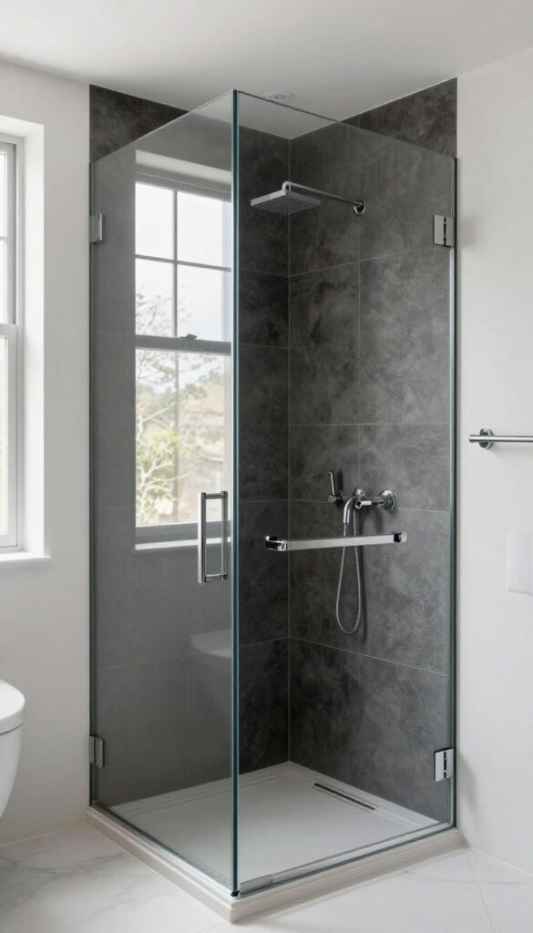 Small dark bathroom with a walk-in shower enclosed by clear frameless glass doors and deep charcoal tile, bright natural light passing through the glass