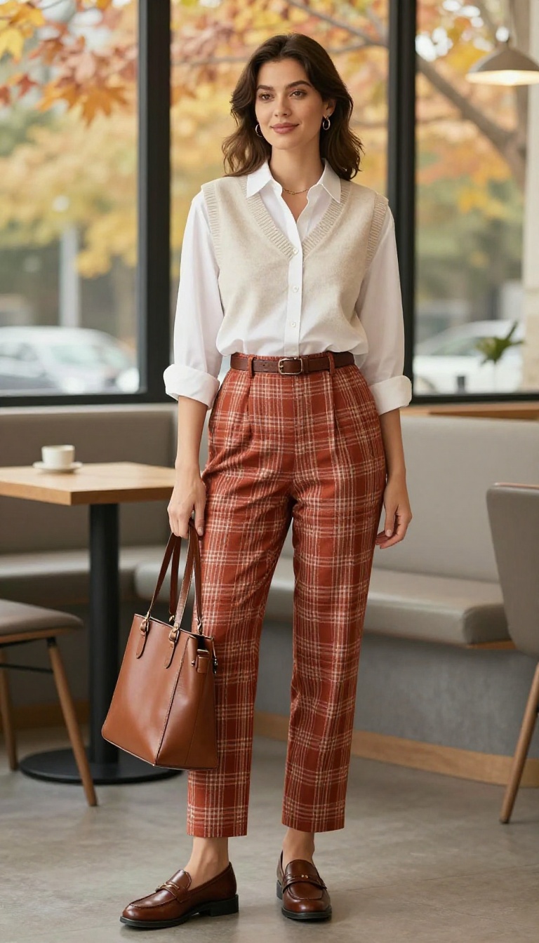 6. Knit Vest + White Button-Up + Plaid Trousers
