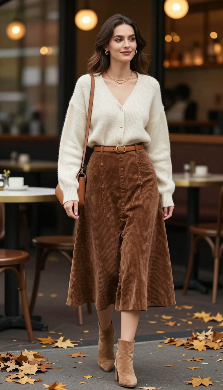 5. Cream Cardigan and Corduroy Skirt for a Soft, Romantic Date Night