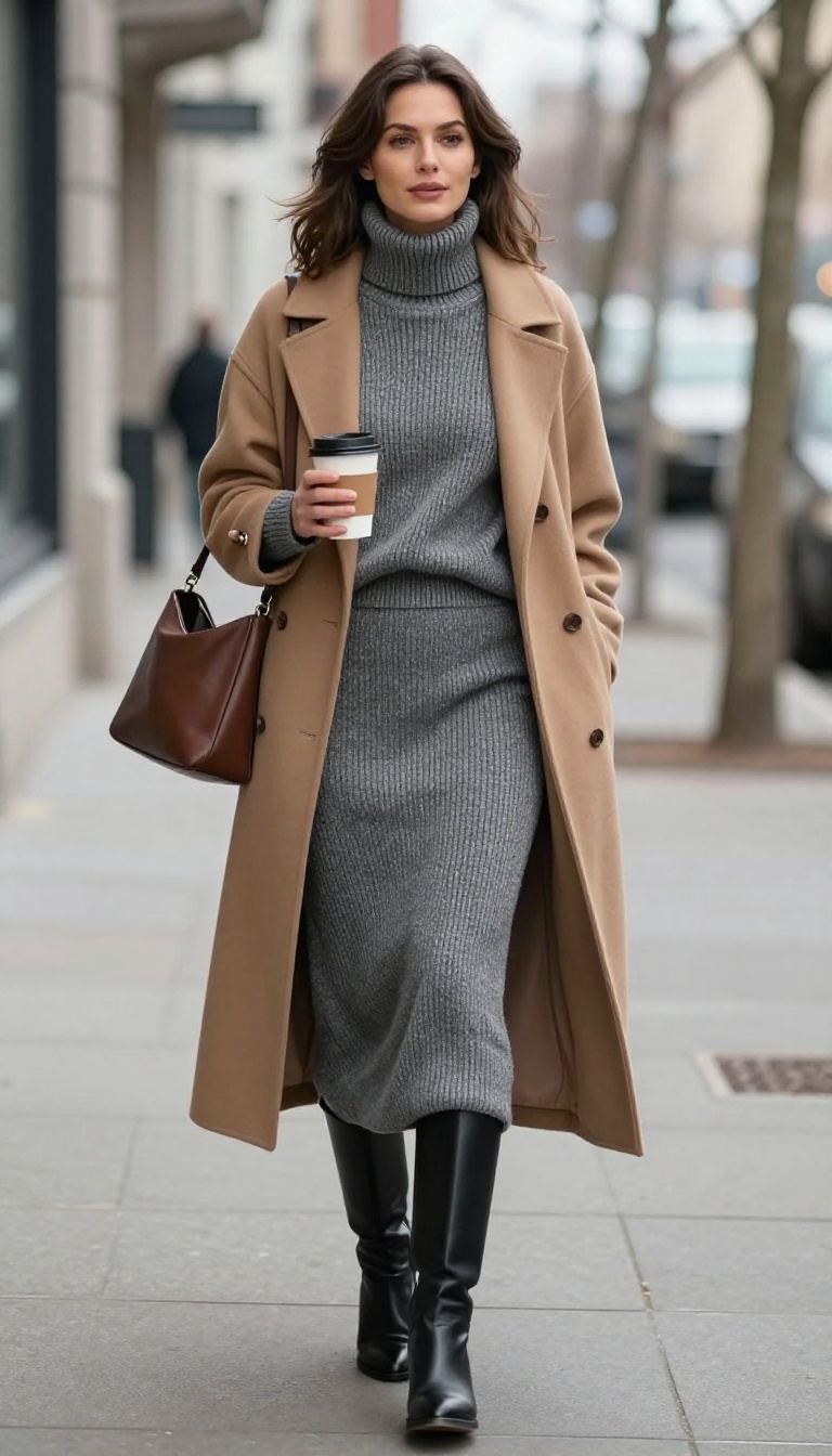 1. Ribbed Knit Maxi Skirt with an Oversized Turtleneck