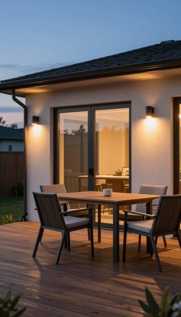 Warm outdoor wall sconces lighting a cozy wooden deck beside a patio door at dusk