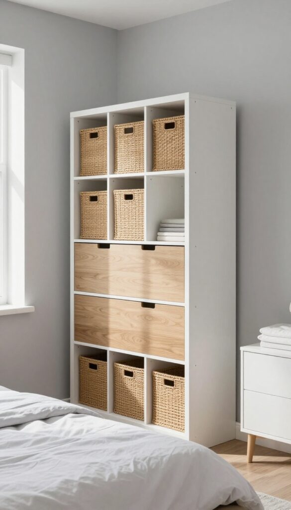 Bright small bedroom with a custom modular wardrobe featuring adjustable white shelves, light oak drawers, and woven baskets in soft natural light.