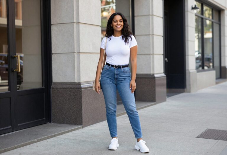 Woman wearing a Y2K casual outfit with baby tee, low-rise jeans, and chunky sneakers, standing on a city street.